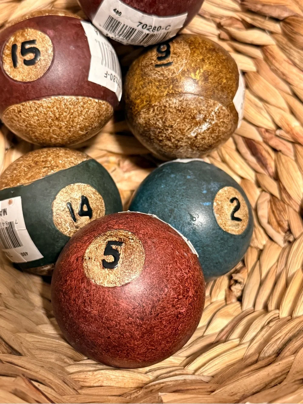 Decorative Vintage Pier 1 Pool Object Balls - Rustic Red, Teal & Gold Set